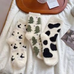 45 Pairs Cute Cartoon Cow Spot Tube Hairy Sock