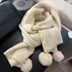 2Pcs Winter Soft Rabbit Hair Hanging Ball Knit Solid Color Scarf